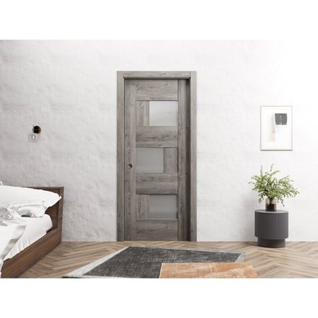 Sartodoors Slab Barn Door Panel 30 x 96in, Nebraska Grey W/ Frosted Glass, Pocket Closet Sliding SETE6933S-NEB-3096